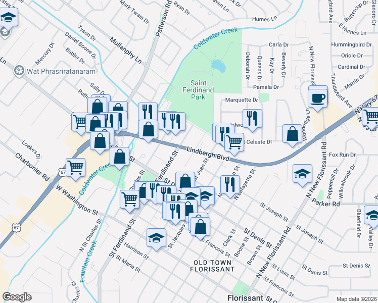 map of restaurants, bars, coffee shops, grocery stores, and more near 1040 U.S. 67 in Florissant