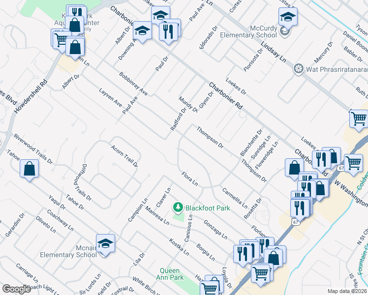 map of restaurants, bars, coffee shops, grocery stores, and more near 1160 Flora Lane in Florissant