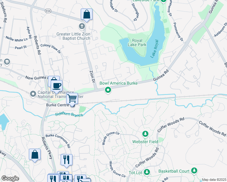 map of restaurants, bars, coffee shops, grocery stores, and more near 5609 Guinea Road in Fairfax