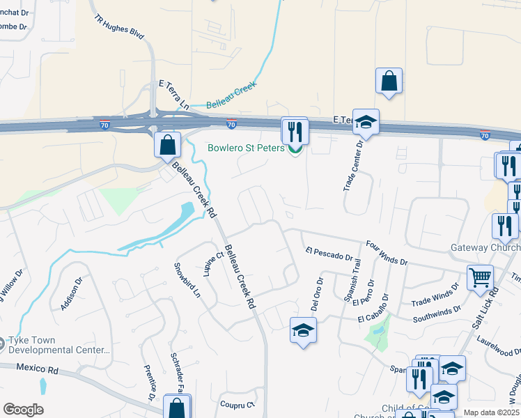 map of restaurants, bars, coffee shops, grocery stores, and more near 1118 Castle Pines Drive in St. Peters