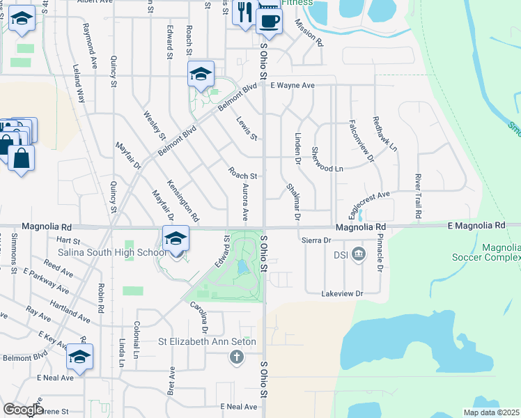 map of restaurants, bars, coffee shops, grocery stores, and more near 2344 South Ohio Street in Salina