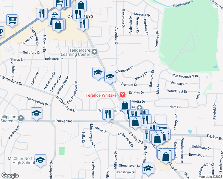 map of restaurants, bars, coffee shops, grocery stores, and more near 1625 Thoroughbred Lane in Florissant