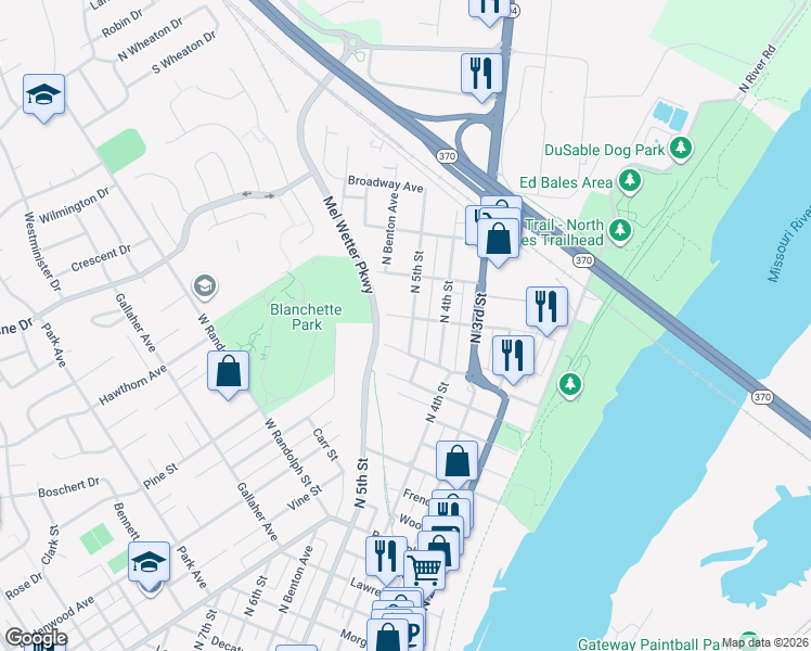 map of restaurants, bars, coffee shops, grocery stores, and more near 2027 North 5th Street in Saint Charles