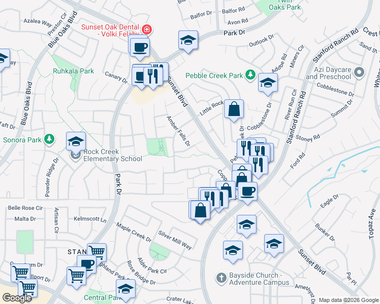 map of restaurants, bars, coffee shops, grocery stores, and more near 6108 Canyon Rim Drive in Rocklin