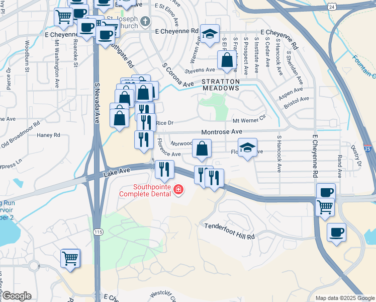 map of restaurants, bars, coffee shops, grocery stores, and more near 1036 Florence Avenue in Colorado Springs
