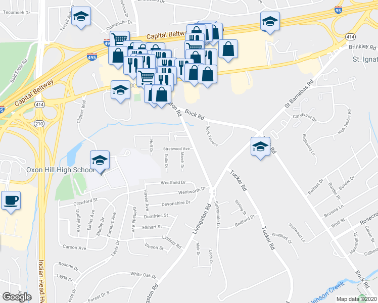 map of restaurants, bars, coffee shops, grocery stores, and more near 1303 Stratwood Avenue in Oxon Hill