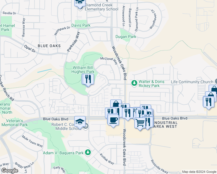 map of restaurants, bars, coffee shops, grocery stores, and more near 1547 Parkside Way in Roseville