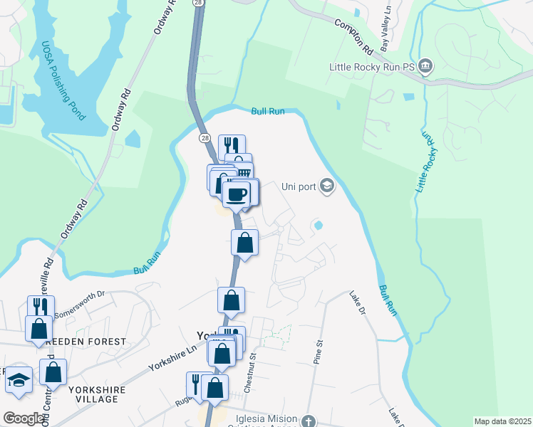 map of restaurants, bars, coffee shops, grocery stores, and more near 7231 Royal Fern Circle in Manassas