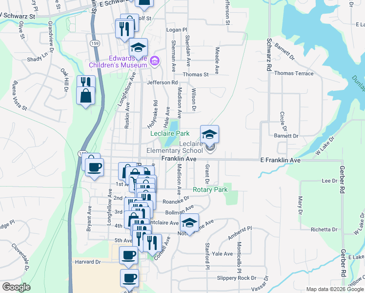 map of restaurants, bars, coffee shops, grocery stores, and more near 1112 Madison Avenue in Edwardsville