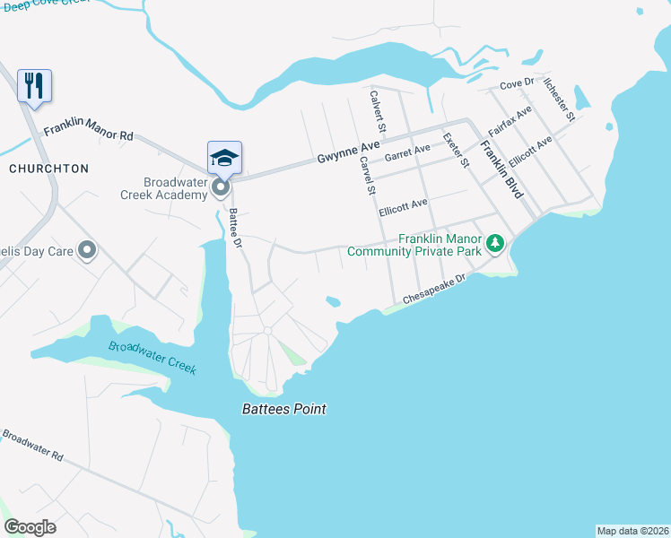 map of restaurants, bars, coffee shops, grocery stores, and more near 5608 Bay Breeze Court in Deale