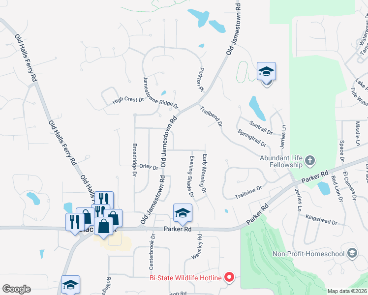 map of restaurants, bars, coffee shops, grocery stores, and more near 5029 Old Jamestown Forest Drive in Florissant