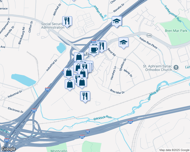 map of restaurants, bars, coffee shops, grocery stores, and more near 5721 Callcott Way in Alexandria