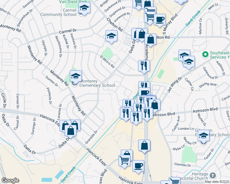 map of restaurants, bars, coffee shops, grocery stores, and more near A Street in Colorado Springs