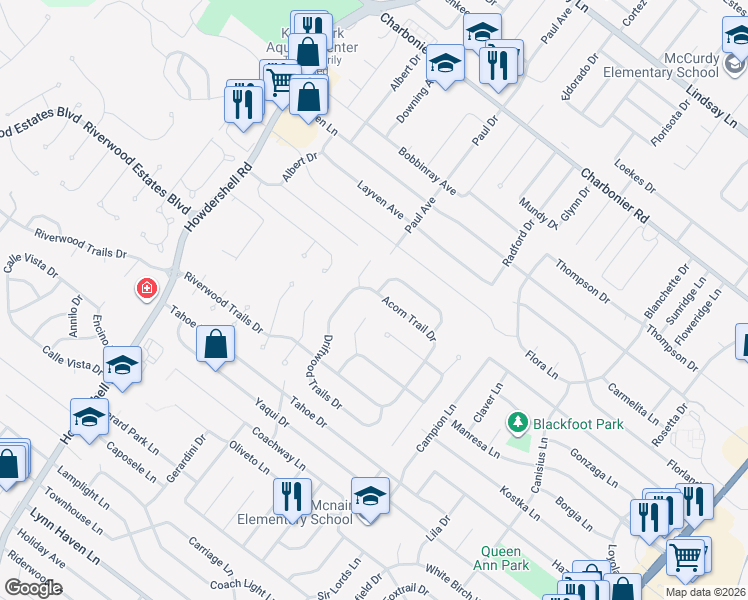 map of restaurants, bars, coffee shops, grocery stores, and more near 1966 Acorn Trail Drive in Florissant