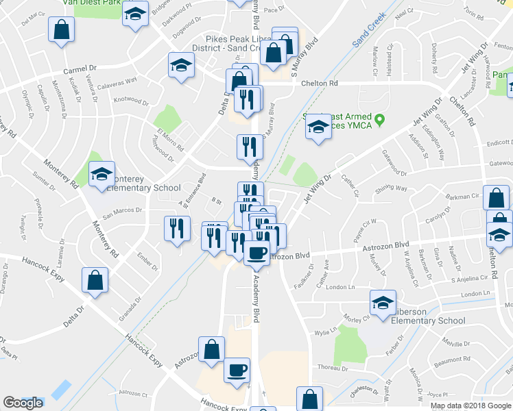 map of restaurants, bars, coffee shops, grocery stores, and more near 2401 South Academy Boulevard in Colorado Springs