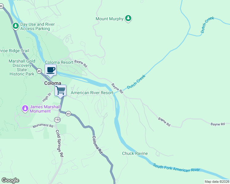 map of restaurants, bars, coffee shops, grocery stores, and more near 6070 Bayne Road in Placerville