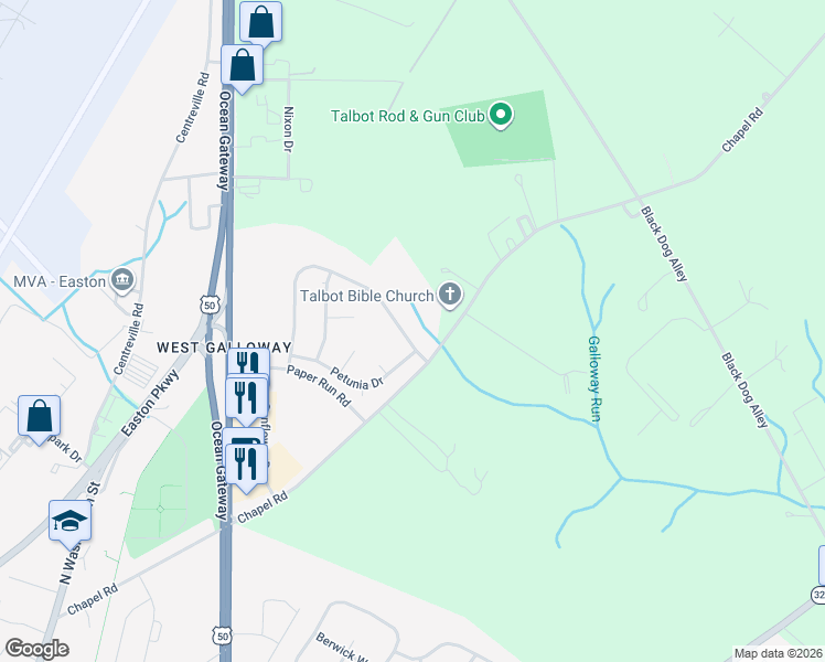 map of restaurants, bars, coffee shops, grocery stores, and more near 9097 Honeysuckle Drive in Easton
