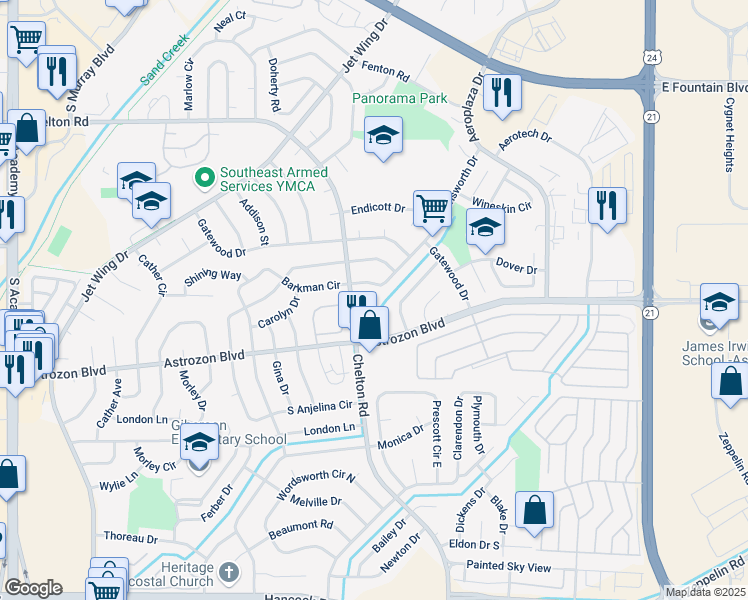 map of restaurants, bars, coffee shops, grocery stores, and more near 2425 Lexington Village Lane in Colorado Springs