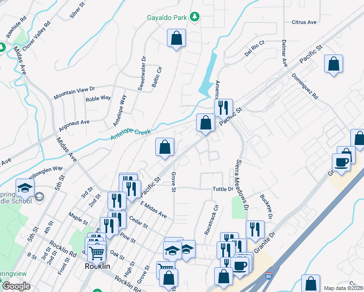 map of restaurants, bars, coffee shops, grocery stores, and more near 4500 Pacific Street in Rocklin