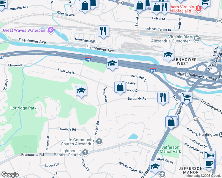 map of restaurants, bars, coffee shops, grocery stores, and more near 3421 Elmwood Drive in Alexandria