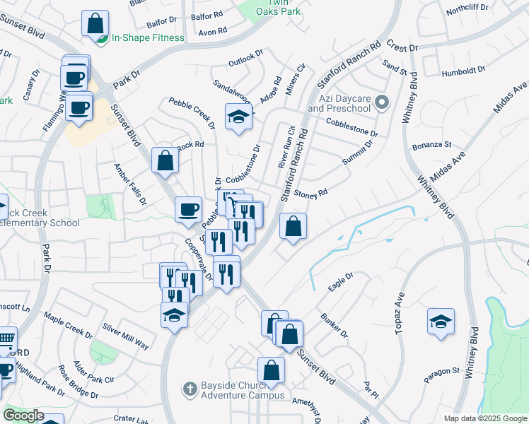 map of restaurants, bars, coffee shops, grocery stores, and more near 5800 Stanford Ranch Road in Rocklin