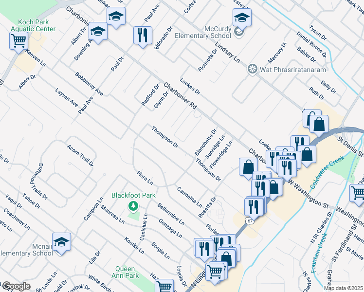 map of restaurants, bars, coffee shops, grocery stores, and more near 965 Thompson Drive in Florissant