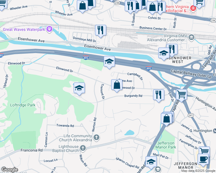 map of restaurants, bars, coffee shops, grocery stores, and more near 3421 Elmwood Drive in Alexandria