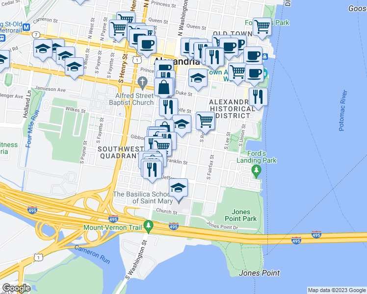 map of restaurants, bars, coffee shops, grocery stores, and more near 506 Gibbon Street in Alexandria