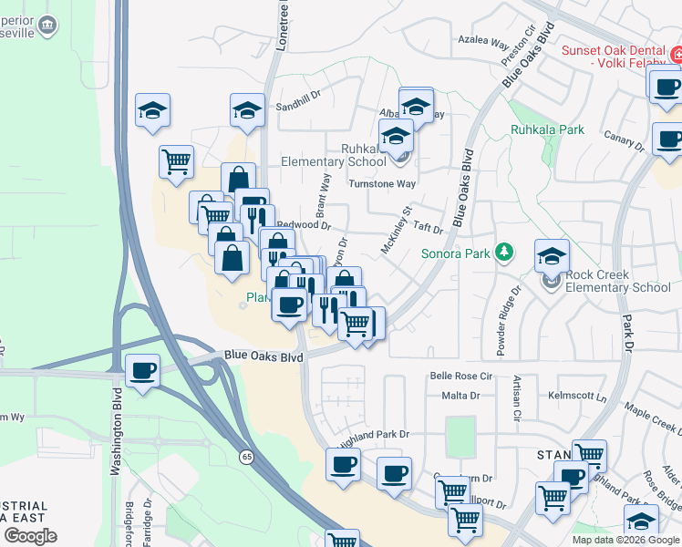 map of restaurants, bars, coffee shops, grocery stores, and more near 6613 Grand Canyon Dr in Rocklin