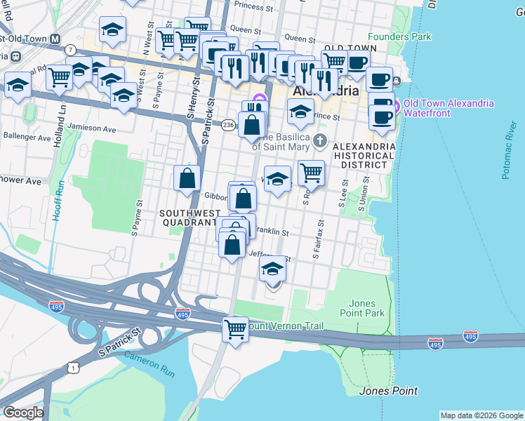 map of restaurants, bars, coffee shops, grocery stores, and more near 609 South Saint Asaph Street in Alexandria