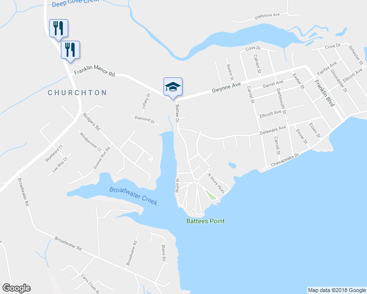 map of restaurants, bars, coffee shops, grocery stores, and more near 5642 Battee Drive in Deale