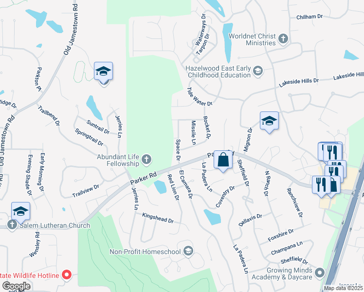 map of restaurants, bars, coffee shops, grocery stores, and more near 12285 Space Drive in Florissant