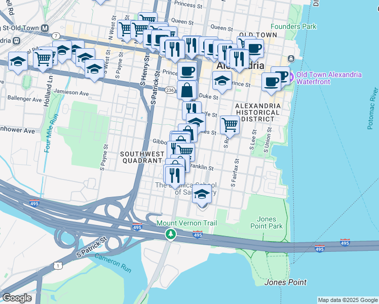 map of restaurants, bars, coffee shops, grocery stores, and more near 606 South Washington Street in Alexandria