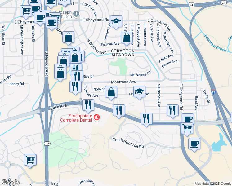 map of restaurants, bars, coffee shops, grocery stores, and more near 1054 Florence Avenue in Colorado Springs