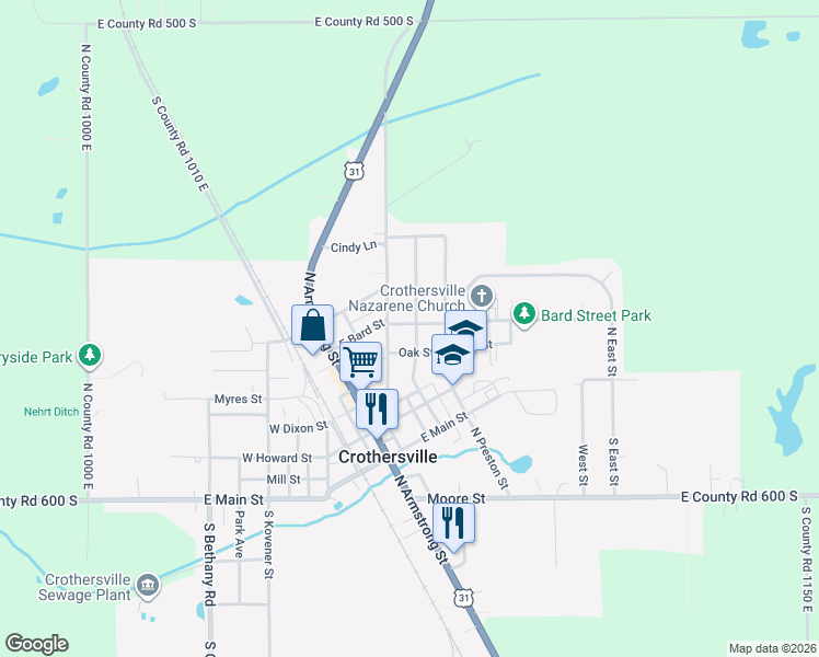 map of restaurants, bars, coffee shops, grocery stores, and more near 310 North Jackson Street in Crothersville