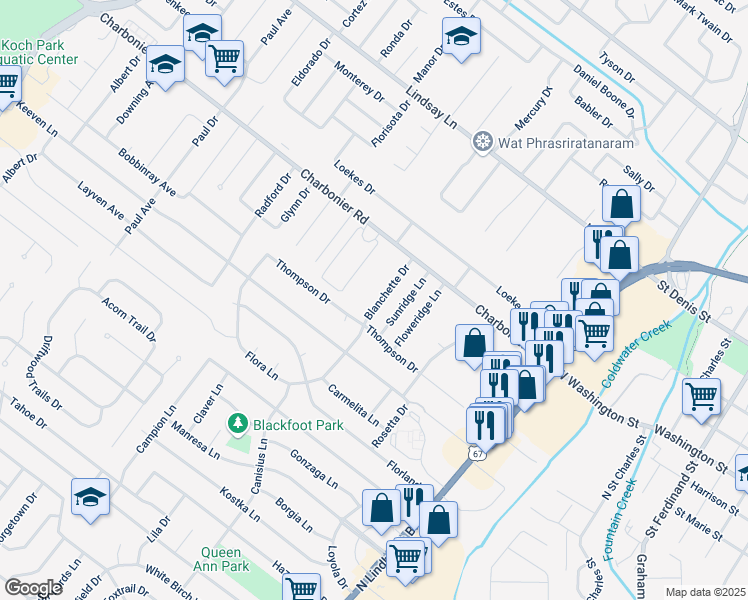 map of restaurants, bars, coffee shops, grocery stores, and more near 17 Blanchette Drive in Florissant