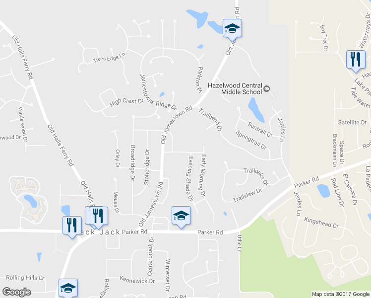 map of restaurants, bars, coffee shops, grocery stores, and more near 5029 Old Jamestown Forest Drive in Florissant