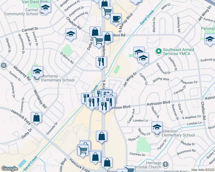 map of restaurants, bars, coffee shops, grocery stores, and more near 2728 Sierra Springs Drive in Colorado Springs