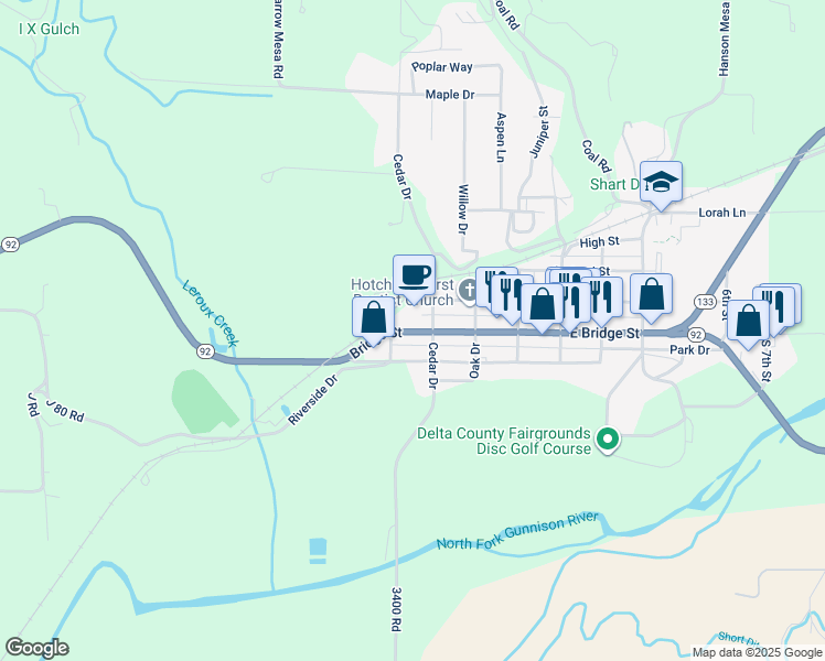 map of restaurants, bars, coffee shops, grocery stores, and more near 390 Colorado 92 in Hotchkiss