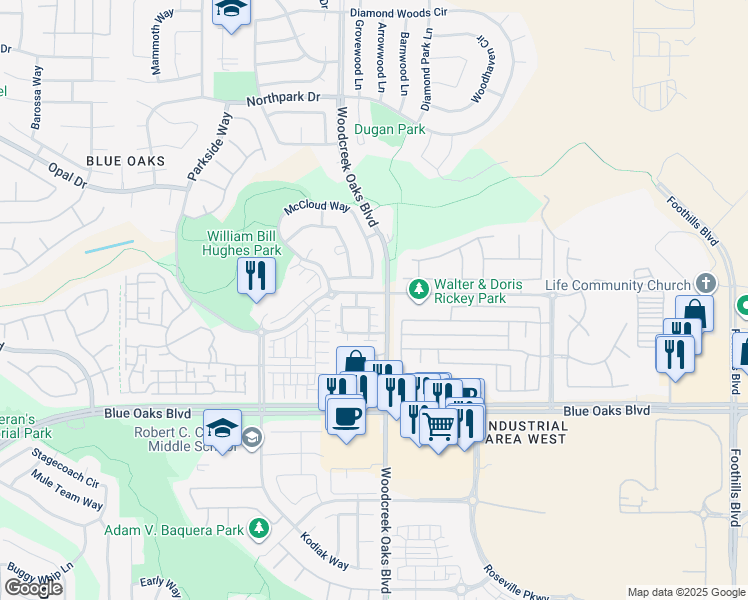 map of restaurants, bars, coffee shops, grocery stores, and more near 1592 Impressionist Loop in Roseville