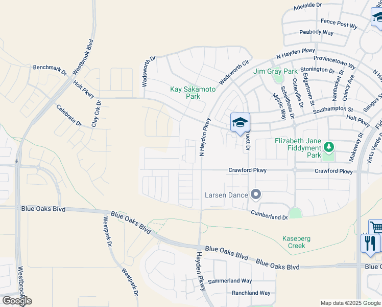 map of restaurants, bars, coffee shops, grocery stores, and more near Pruett Drive in Roseville