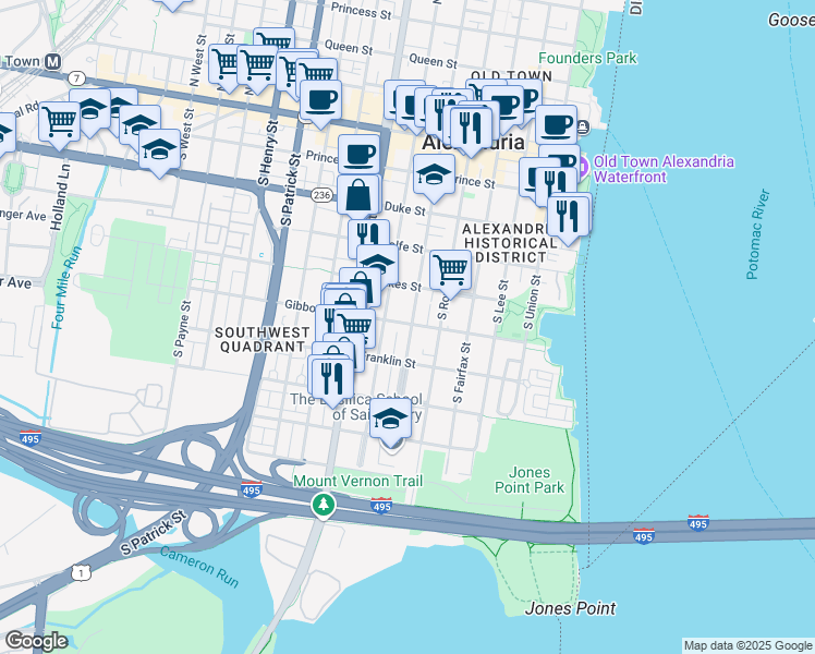 map of restaurants, bars, coffee shops, grocery stores, and more near 500A Gibbon Street in Alexandria