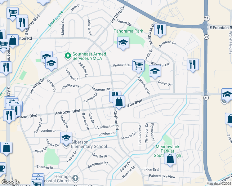 map of restaurants, bars, coffee shops, grocery stores, and more near 2407 Lexington Village Lane in Colorado Springs
