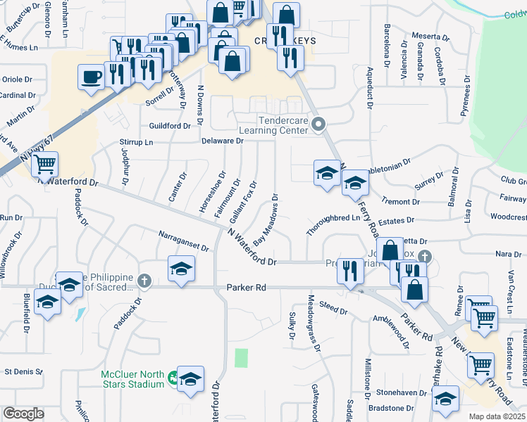 map of restaurants, bars, coffee shops, grocery stores, and more near 1550 Golden Gate Drive in Florissant
