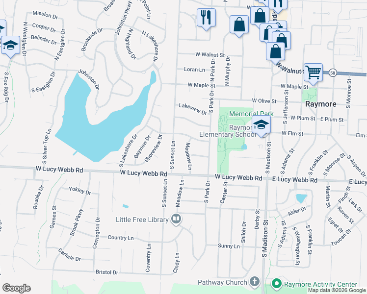 map of restaurants, bars, coffee shops, grocery stores, and more near 405 South Sunset Lane in Raymore
