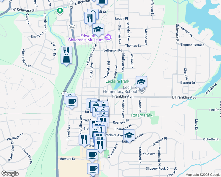 map of restaurants, bars, coffee shops, grocery stores, and more near 1105 Lake Avenue in Edwardsville