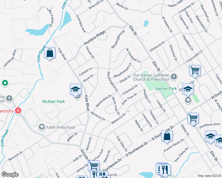 map of restaurants, bars, coffee shops, grocery stores, and more near 6 Oriole Court in Saint Charles