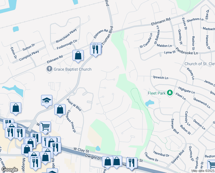 map of restaurants, bars, coffee shops, grocery stores, and more near 7 Lone Cedar Court in Saint Charles