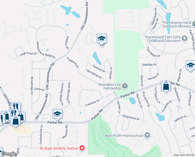 map of restaurants, bars, coffee shops, grocery stores, and more near 5310 Springtrail Drive in Florissant