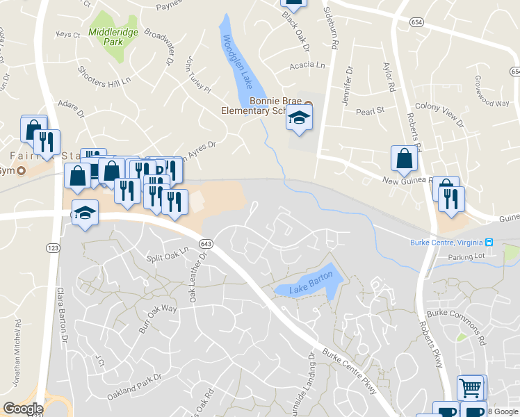 map of restaurants, bars, coffee shops, grocery stores, and more near 10621 Alison Dr in Burke
